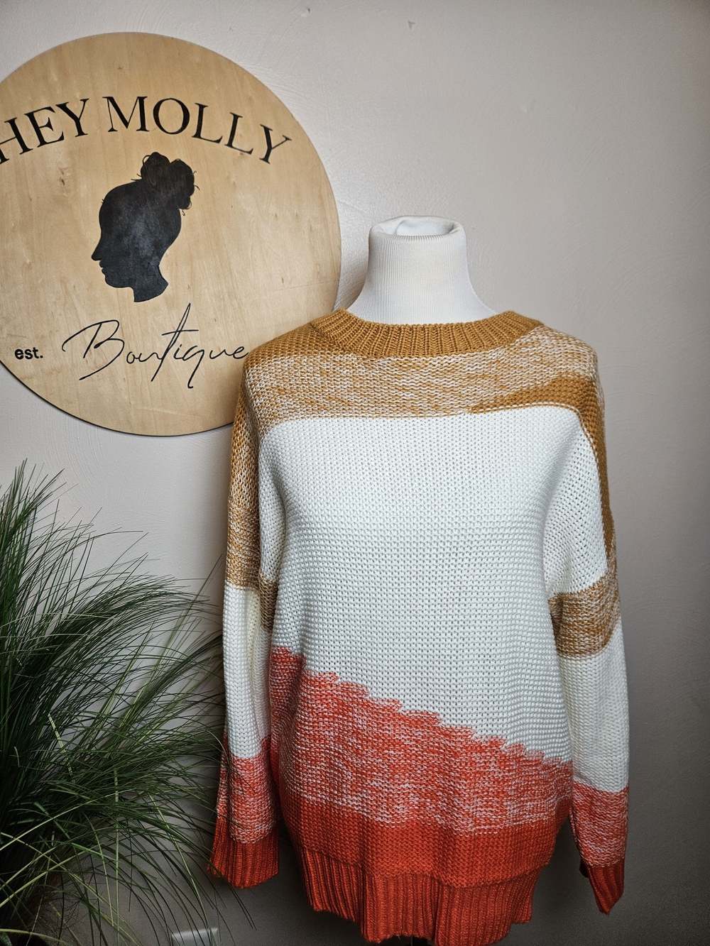 Hey Molly Boutique Colorblock Crewneck Sweater - White, Mustard & Coral